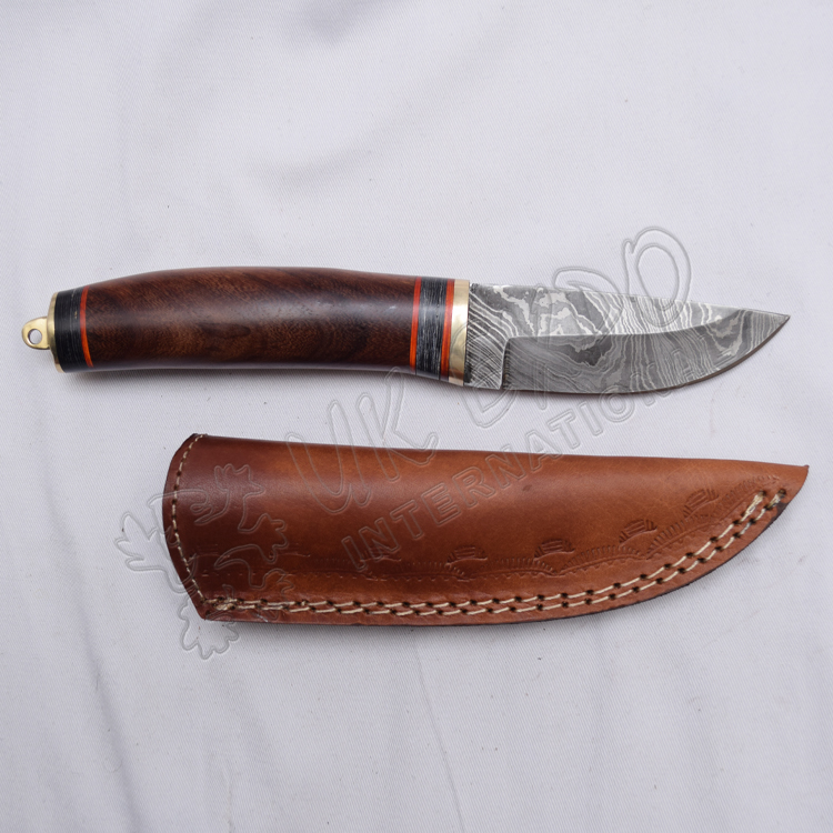 Damascus Knife Wood Handle Brass Hook With Leather Sheath
