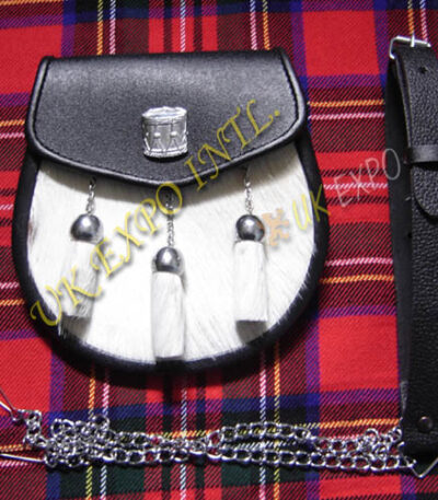 Drum Major Pride White Goat Skin Black Leather Sporran
