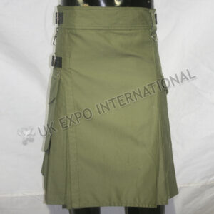 Olive Utility kilts With 2 Round Pockets long leather straps