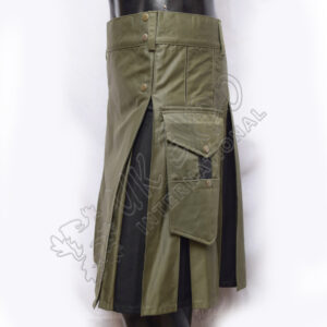 Hybrid Decent Box Pleat Utility Kilt Attached pockets Olive and Black Cotton