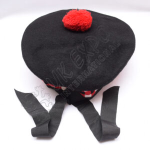 Black Balmoral Hat with Black white Black dicing and red pom pom