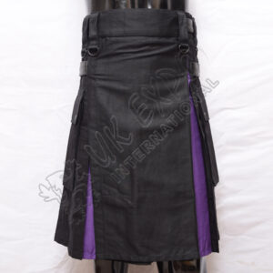 Hybrid Decent Box Pleat Utility Kilt Attached pockets Black With Purple Cotton