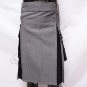 Hybrid Decent Box Pleat Utility Kilt Attached pockets Gray With Black Cotton