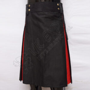 Hybrid Decent Box Pleat Utility Kilt Attached pockets Black and Red Cotton