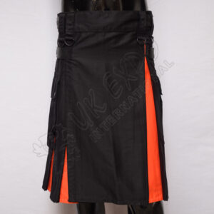 Hybrid Decent Black and Orange Pleat Utility Kilt Attached Box pockets