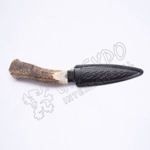 Stainless Steel Blade with Original Stag Curve Shape Handle and Leather Celtic Embossed Cover Sgain Dubh