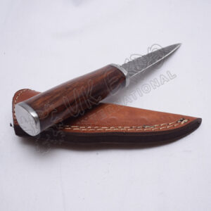 Damascus Heavy Blade Knife With Wooden Handle Nice Leather Cover