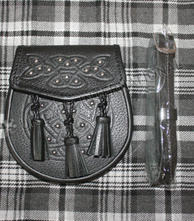 Brass Stud Black Leather Embossed Sporran