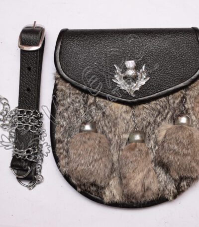 Gray Rabbit Fur Black Leather Sporran