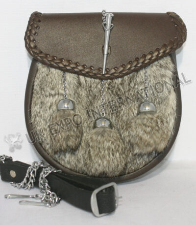 Pin Lock Gray Fur Full Dress Brown Leather Sporran