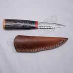 Damascus Steel Hiking Knife Black Wood Handle Leather Sheath