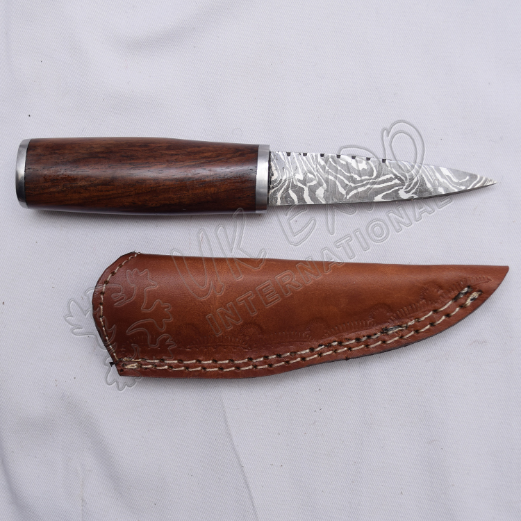Damascus Steel Hiking Knife With Wood Handle & Leather Sheath