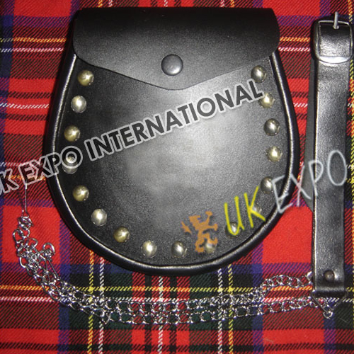 Black Leather Corner Gold Studs Sporran