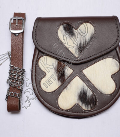 White Stitching Loving Heart Brown Leather Sporran