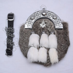 Masonic Badge with Gray Rabbit Fur Full Dress Sporran with 6 White Fur Tessels