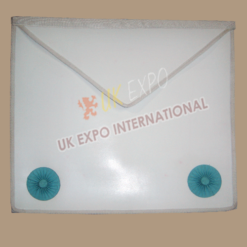 Masonic Bag White Leather Simple with 2 Skypblue Rosetts - Image 1