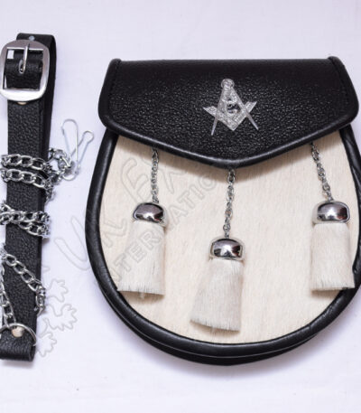 Masonic White Goat Skin Black Leather Sporran