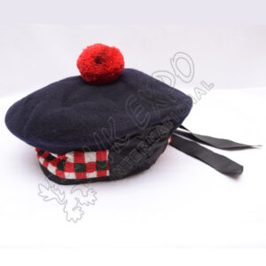 Navy Blue Balmoral Hat with Green white Black dicing and red pom pom