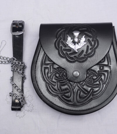 Thistle Celtic Black Leather Embossed Sporran