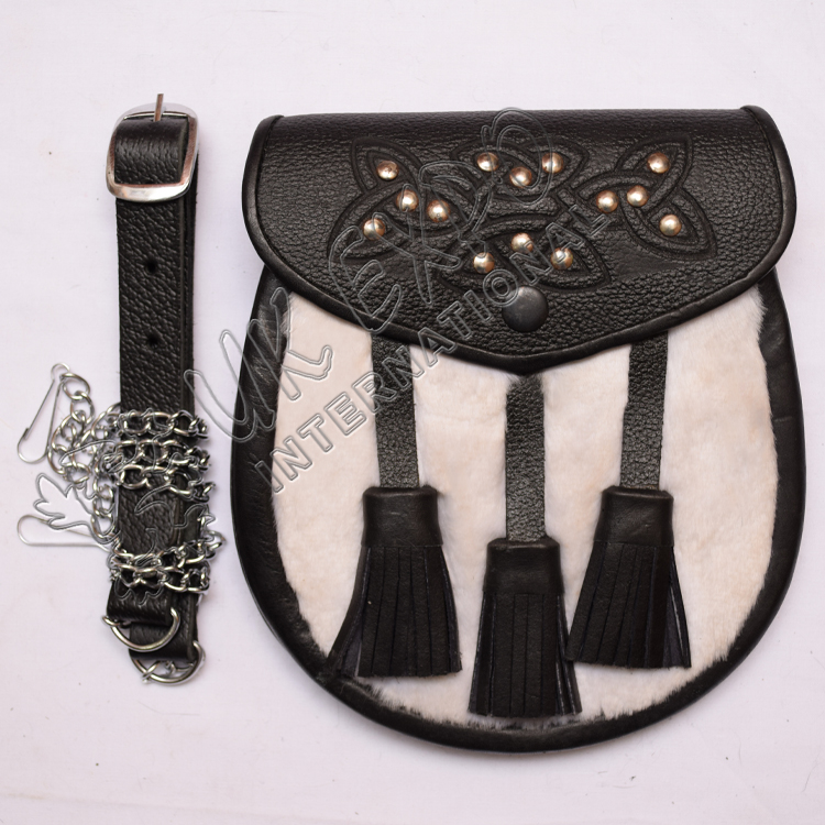 White Sheep Skin Celtic Stud Sporran