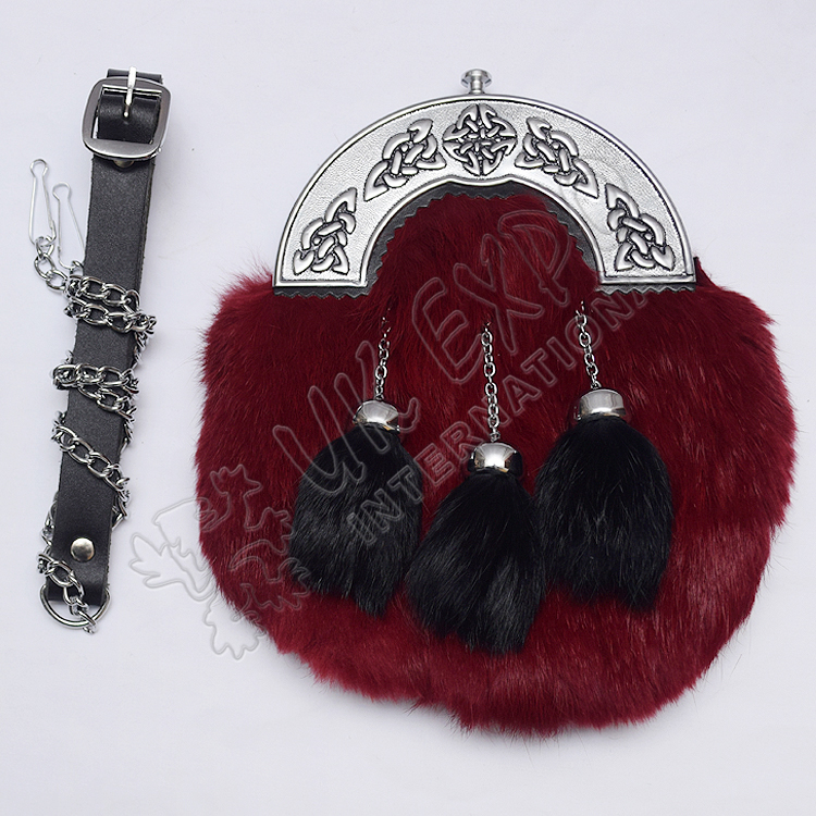 Chrome Celtic Design Red Rabbit Fur Sporran