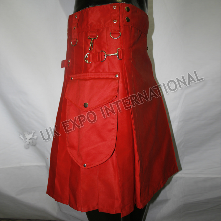 red_color_round_attached_pockets_utility_sports_casual_pocket_kilt_m_4792.jpg Red Color Sports Casual Utility Kilt
