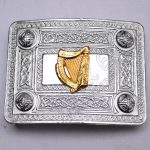 Scottish Celtic Design Chrome Buckle With Brass Harp Badge