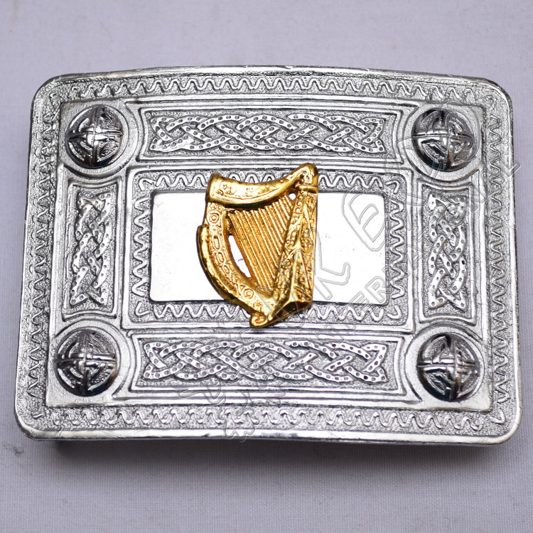 Scottish Celtic Design Chrome Buckle With Brass Harp Badge