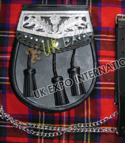 Black Leather Celtic Thistle Cantle Badge Sporran