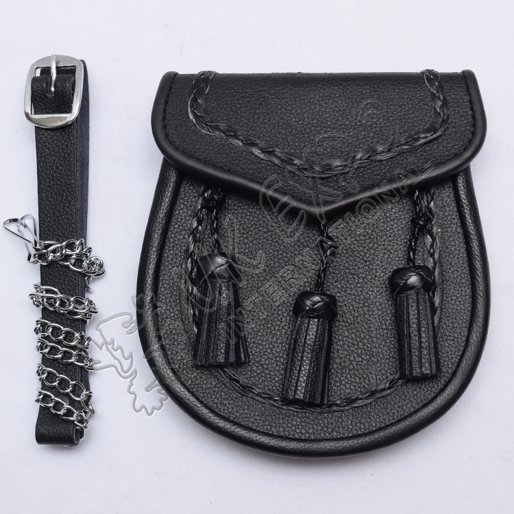Double Embossed Scottish Black Leather Sporran