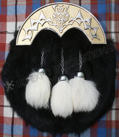 Thistle Gold 3 Tassel Black Rabbit Fur Sporran