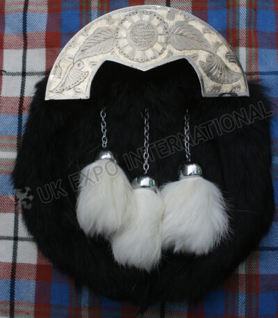 Unique Engraving Antique Flower Black Rabbit Fur Sporran