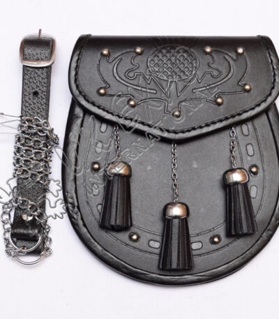 Brass Studded Black Leather Embossed Sporran