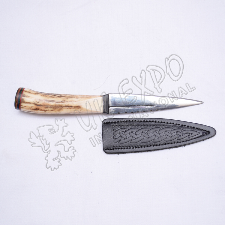 Stag Handle Stainless Steel Blade With Celtic Leather Sheath