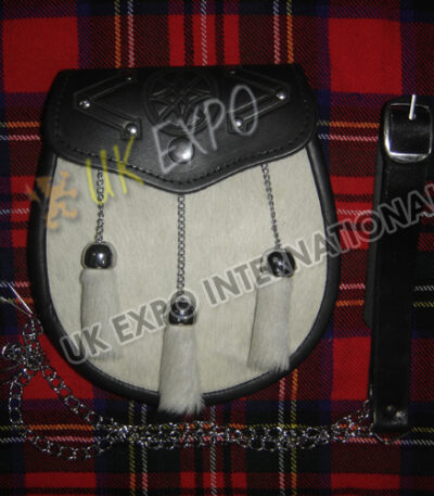 White Goat Skin Celtic Embossed Black Leather Sporran