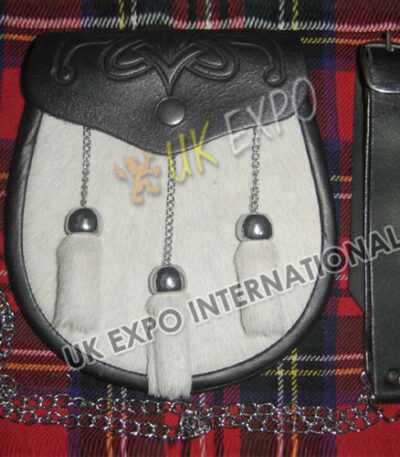White Cow Skin Black Leather Embossed Sporran