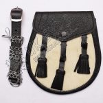White Cow Skin Black Leather Embossed Sporran