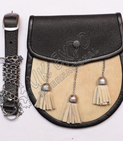 White Goat Skin Black Leather Sporran