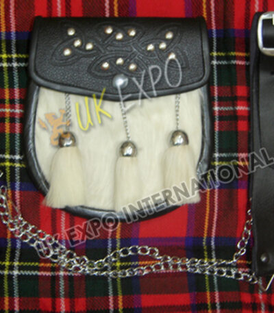 White Goat Skin Celtic Warrior Black Leather Sporran