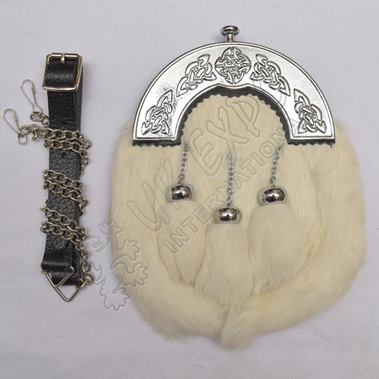 White Rabbit Fur Full Dress Chrome Celtic Sporran