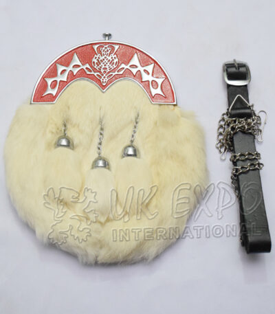 White Rabbit Fur Red Filled Scottish Flower Sporran