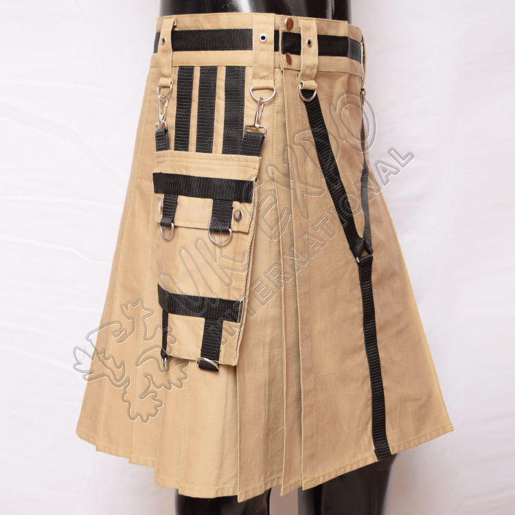 y_style_khaki_heavy_canvas_utility_sports_casual_pocket_kilt_m_5608.jpg Y Style Khaki Heavy Canvas Tactical Webbing Utility Kilt