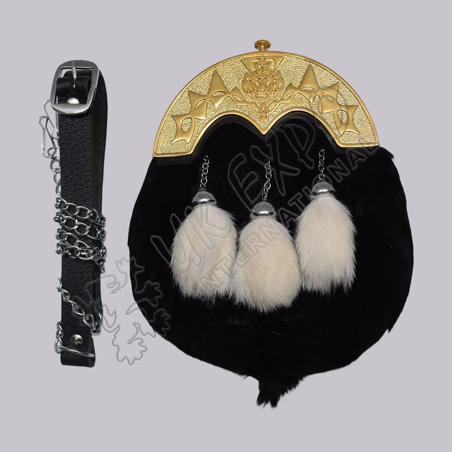 101 Black Fur Gold Thistle Cantle Full Dress Sporran