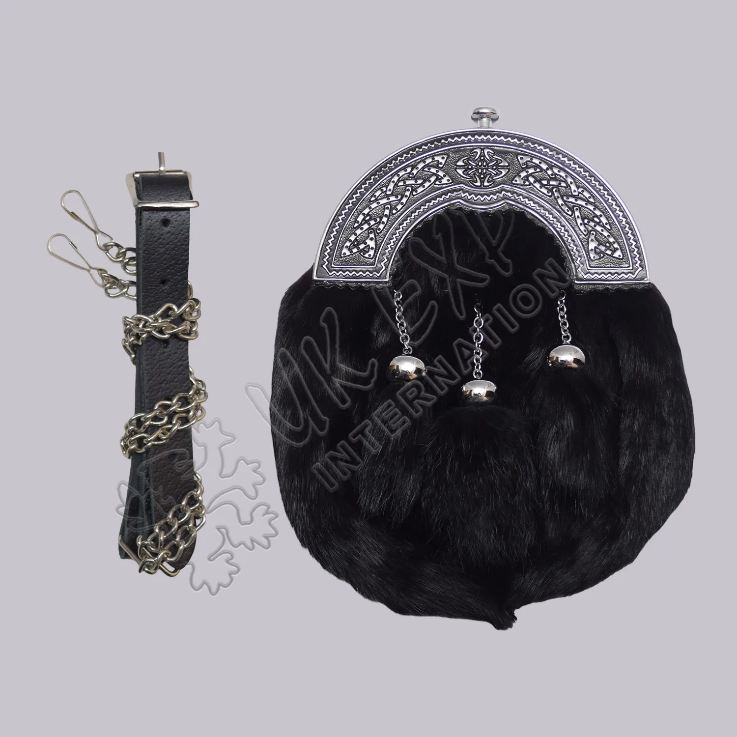 106 Black Rabbit Fur Chrome Plain Celtic Cantle Sporran