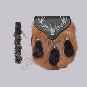 Brown Fur Semi Dress Chrome Stag Head Crest Sporran