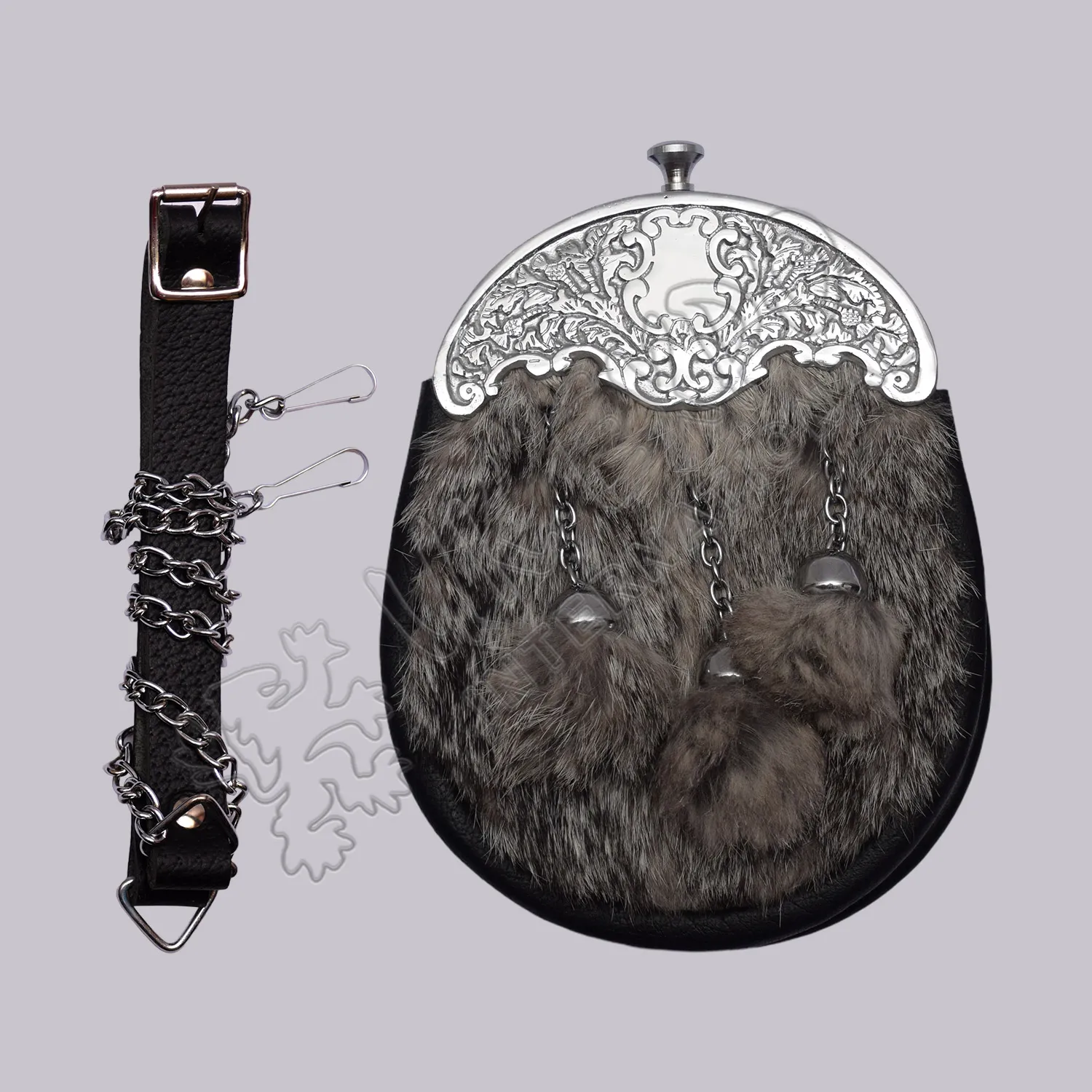 89 Gray Fur Ornate Chrome Cantle Full Dress Sporran
