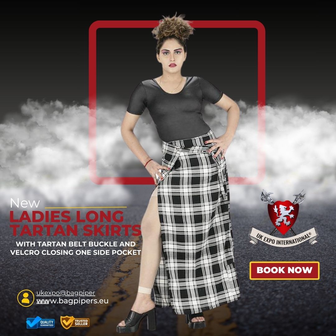 Ladies Long Tartan Skirts with tartan belt buckle